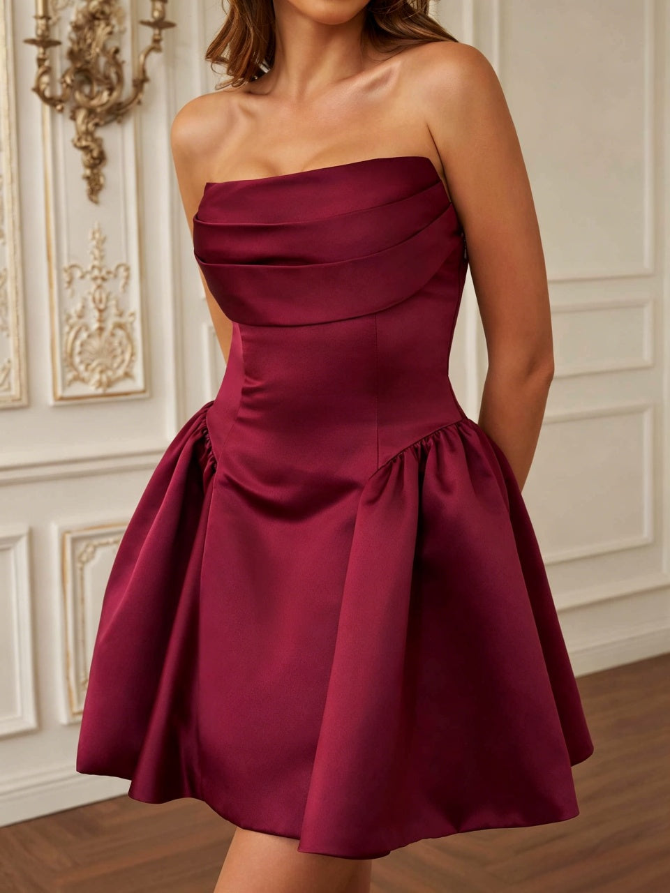 Burgundy Satin Strapless Fold Bodice Corset Lace-Up Back Big Bow A-Line Short Homecoming Dresses