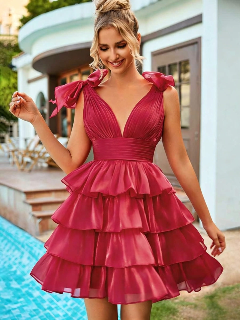 Burgundy Shiny Chiffon Bow Strap Deep V Open Back Multi Tier Ruffle Mini Homecoming Dresses