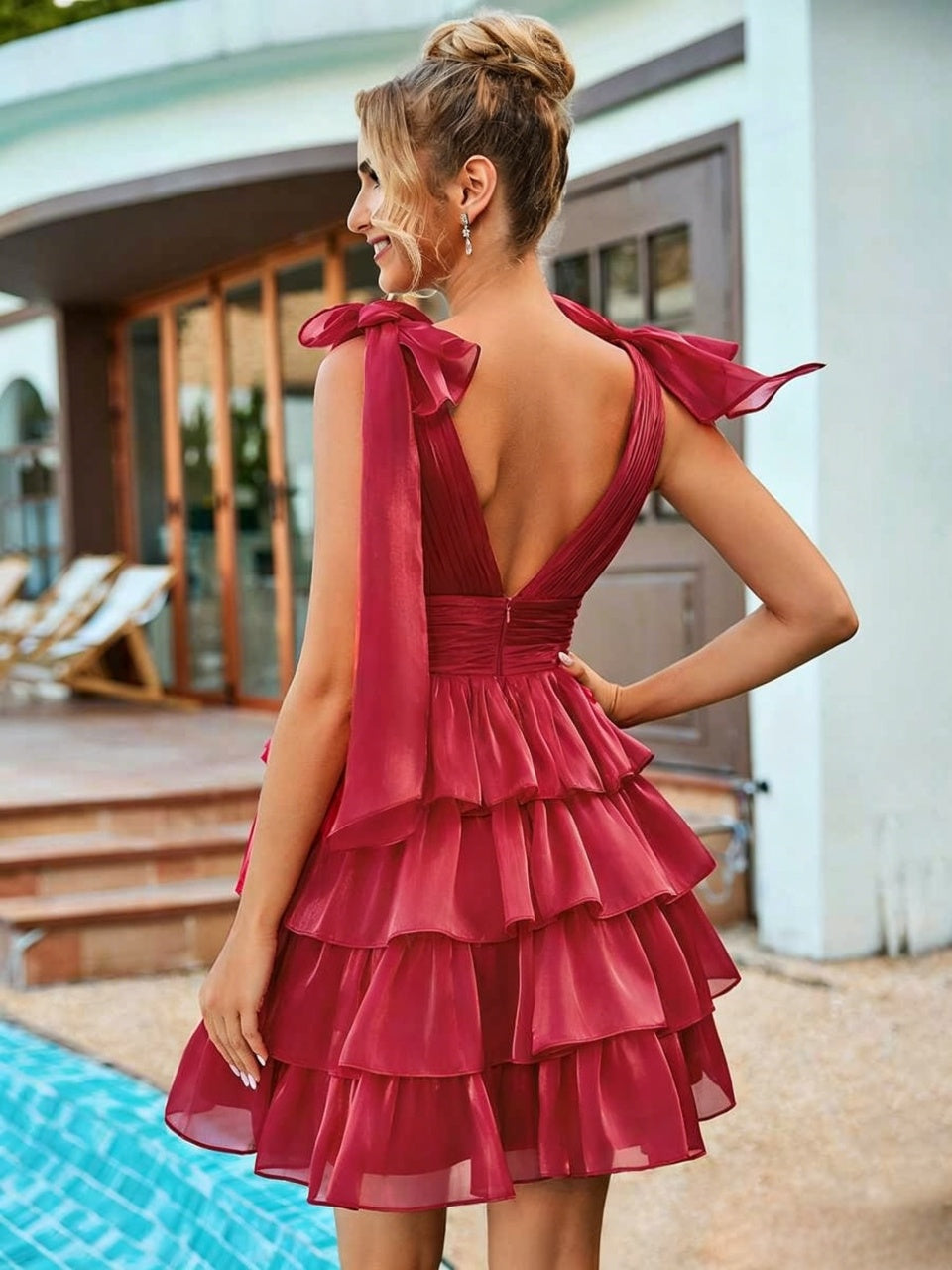 Burgundy Shiny Chiffon Bow Strap Deep V Open Back Multi Tier Ruffle Mini Homecoming Dresses