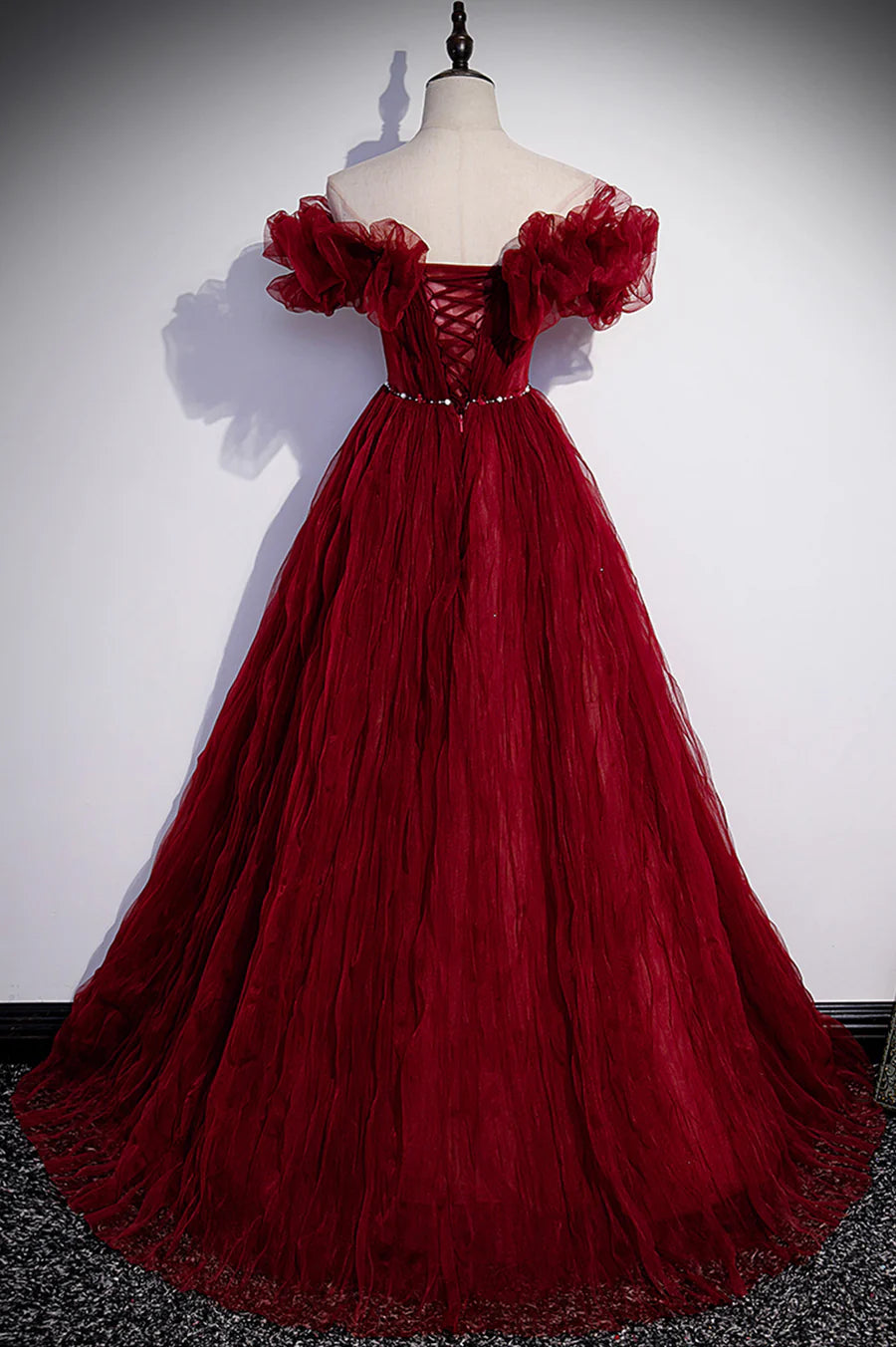 Burgundy Tulle Long Prom Dresses, A-Line Off the Shoulder Evening Party Dresses