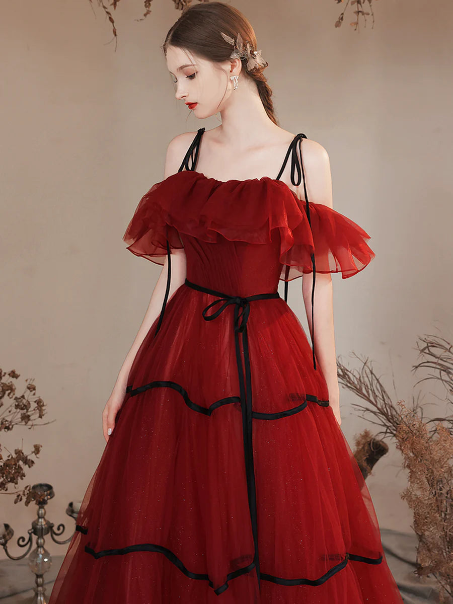 Burgundy Tulle Long Prom Dresses, Burgundy Off Shoulder Evening Party Dresses