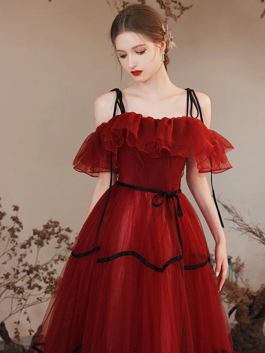 Burgundy Tulle Long Prom Dresses, Burgundy Off Shoulder Evening Party Dresses