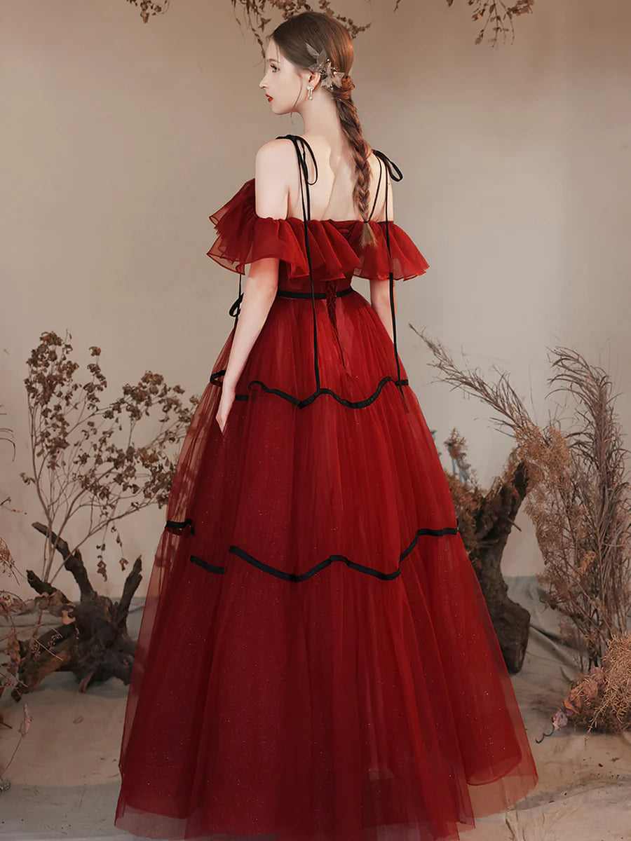 Burgundy Tulle Long Prom Dresses, Burgundy Off Shoulder Evening Party Dresses