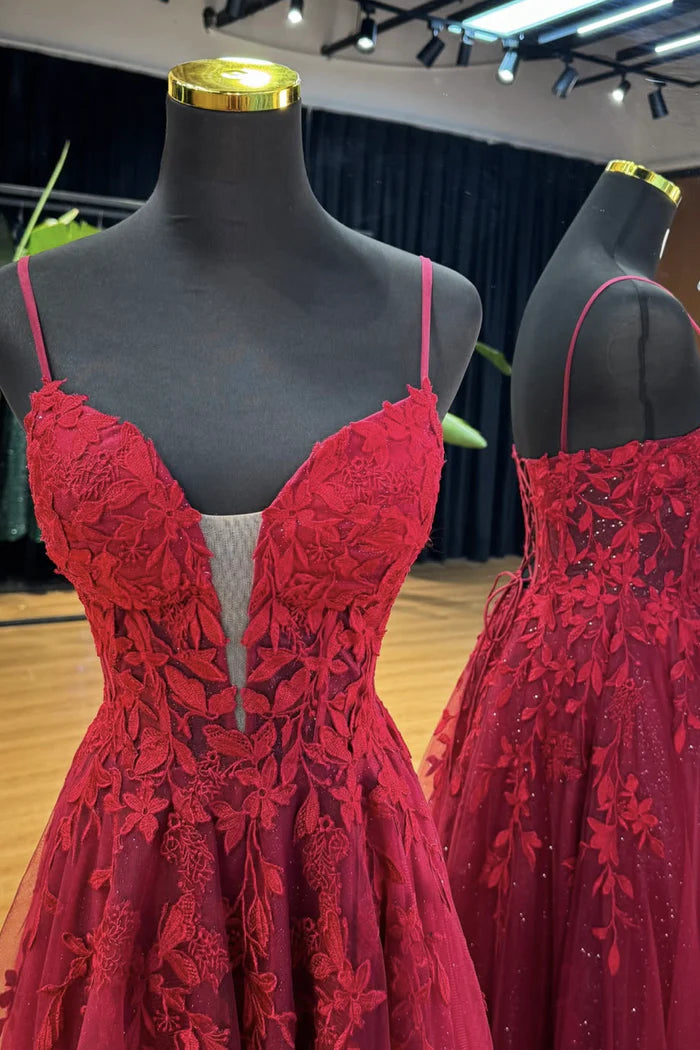 Burgundy V-Neck Lace Long Prom Dress, A-Line Spaghetti Strap Evening Party Dress