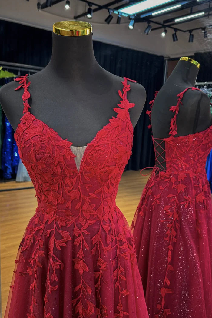 Burgundy V-Neck Lace Long Prom Dress, A-Line Spaghetti Strap Evening Party Dress