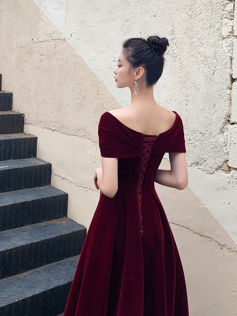 Burgundy V-Neck Velvet Long Prom Dress, Off Shoulder Evening Party Dress
