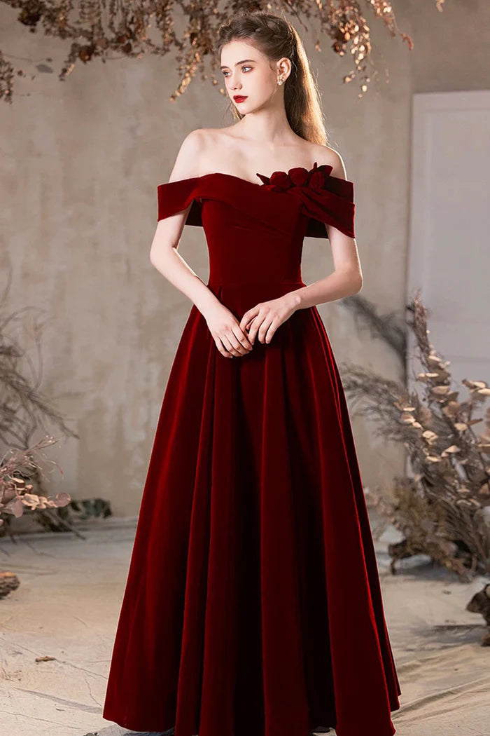 Burgundy Velvet Long A-line Prom Dress, Beautiful Off the Shoulder Party Dress