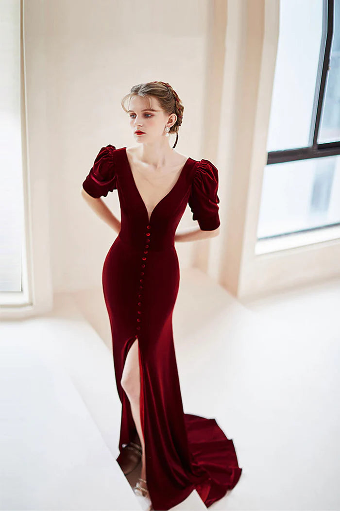 Burgundy Velvet Long Mermaid Prom Dress, Short Sleeve Evening Dress with Slit