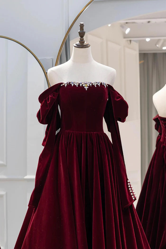 Burgundy Velvet Long Prom Dress, Elegant A-Line Party Dress