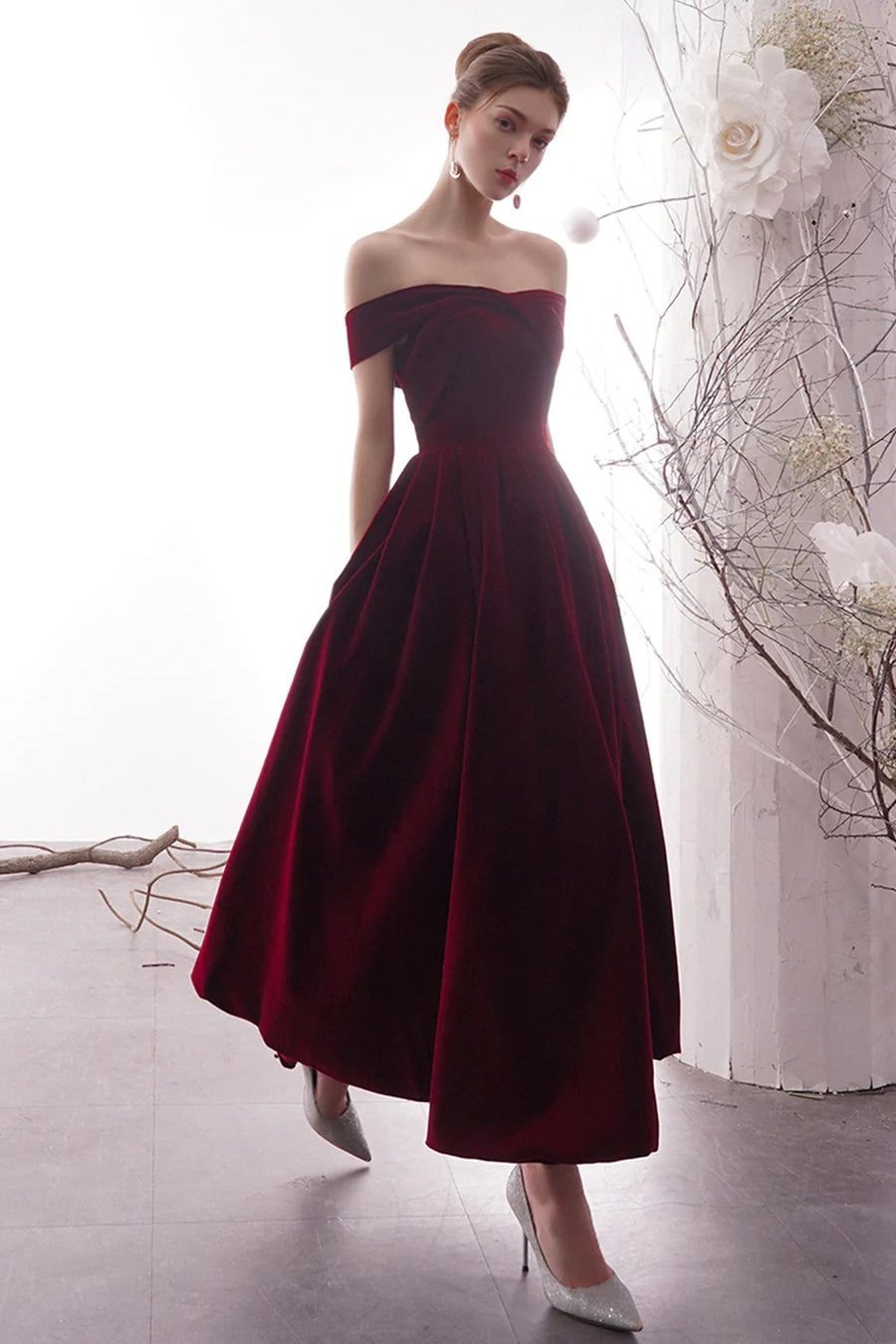 Burgundy Velvet Long Prom Dresses, Off the Shoulder Evening Dresses