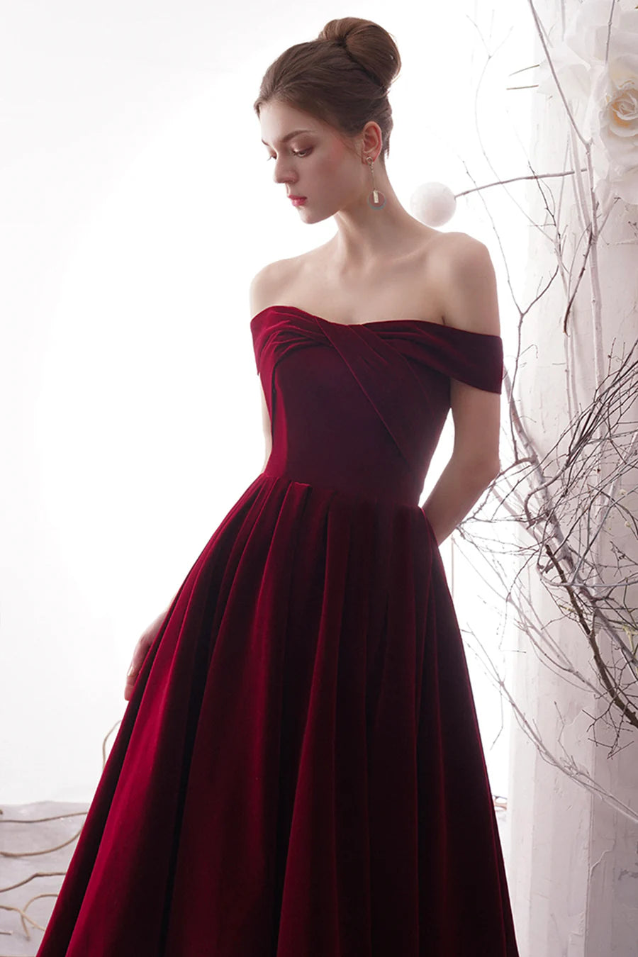 Burgundy Velvet Long Prom Dresses, Off the Shoulder Evening Dresses