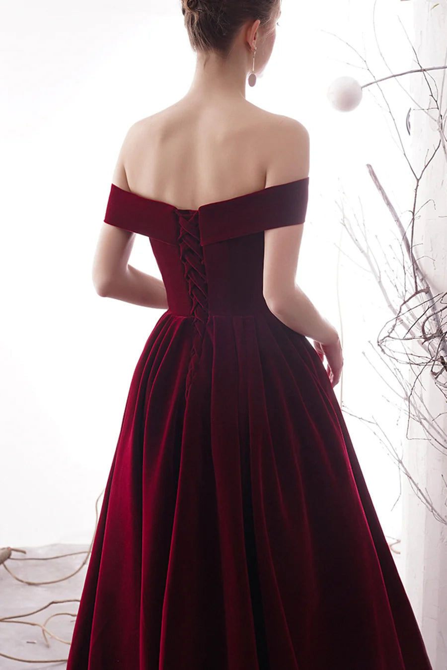 Burgundy Velvet Long Prom Dresses, Off the Shoulder Evening Dresses