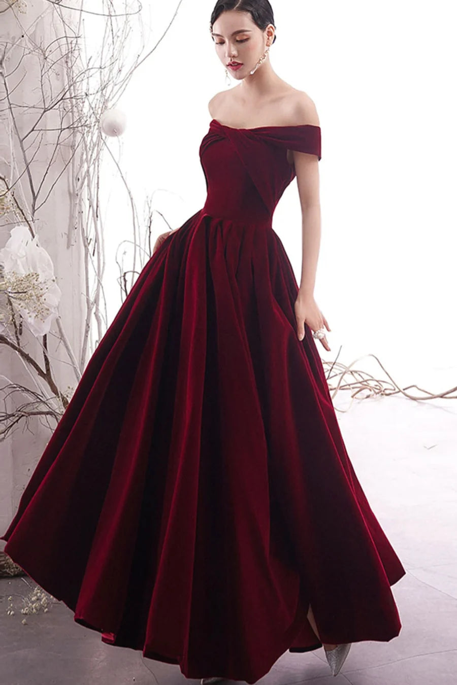 Burgundy Velvet Long Prom Dresses, Off the Shoulder Evening Dresses