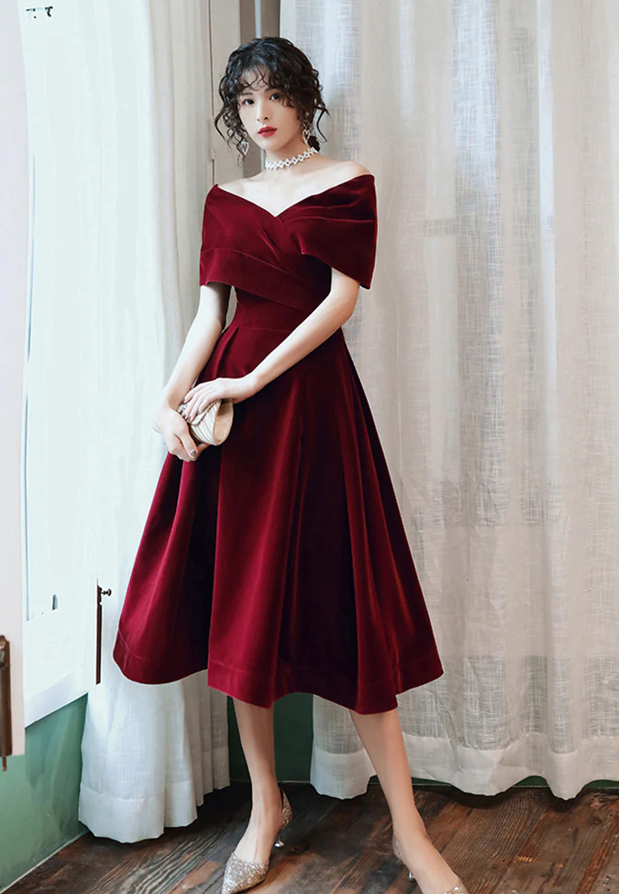 Burgundy Velvet Short Prom Dresses, A-Line Off the Shoulder Evening Dresses