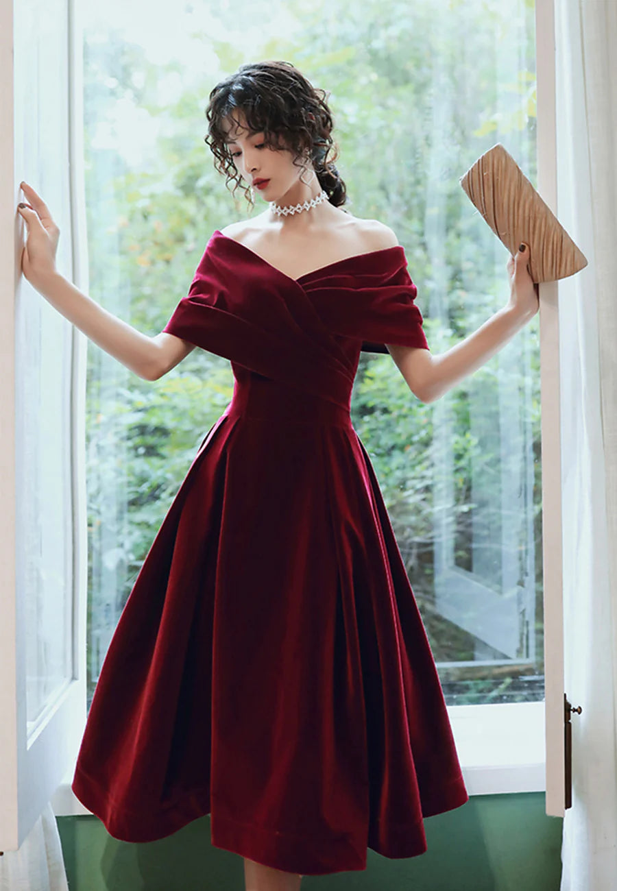 Burgundy Velvet Short Prom Dresses, A-Line Off the Shoulder Evening Dresses