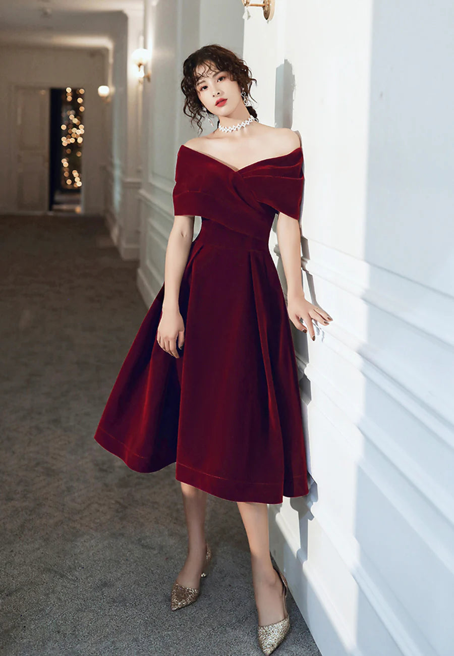 Burgundy Velvet Short Prom Dresses, A-Line Off the Shoulder Evening Dresses