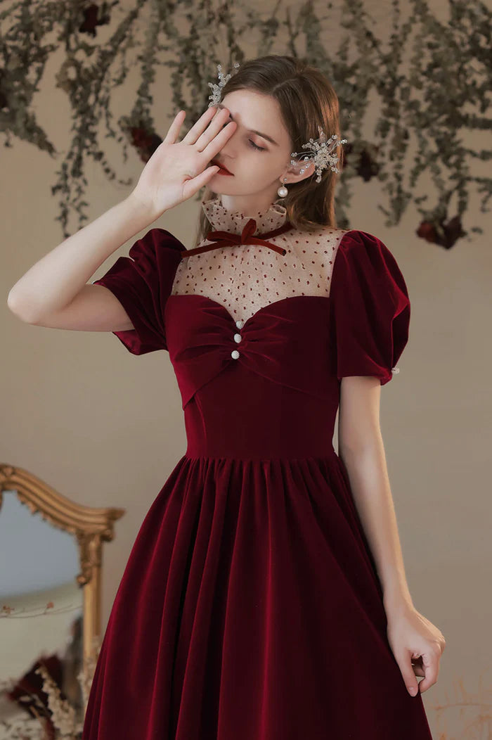 Burgundy Velvet Tea Length Prom Dress, Cute Short Sleeve Evening Party Dress