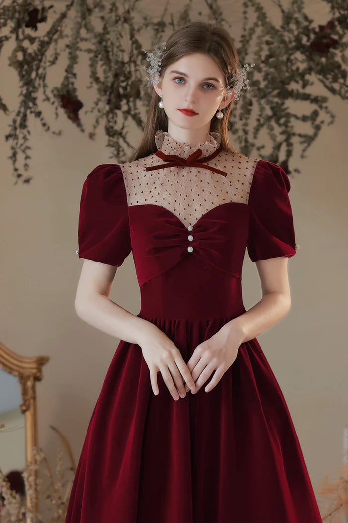 Burgundy Velvet Tea Length Prom Dress, Cute Short Sleeve Evening Party Dress