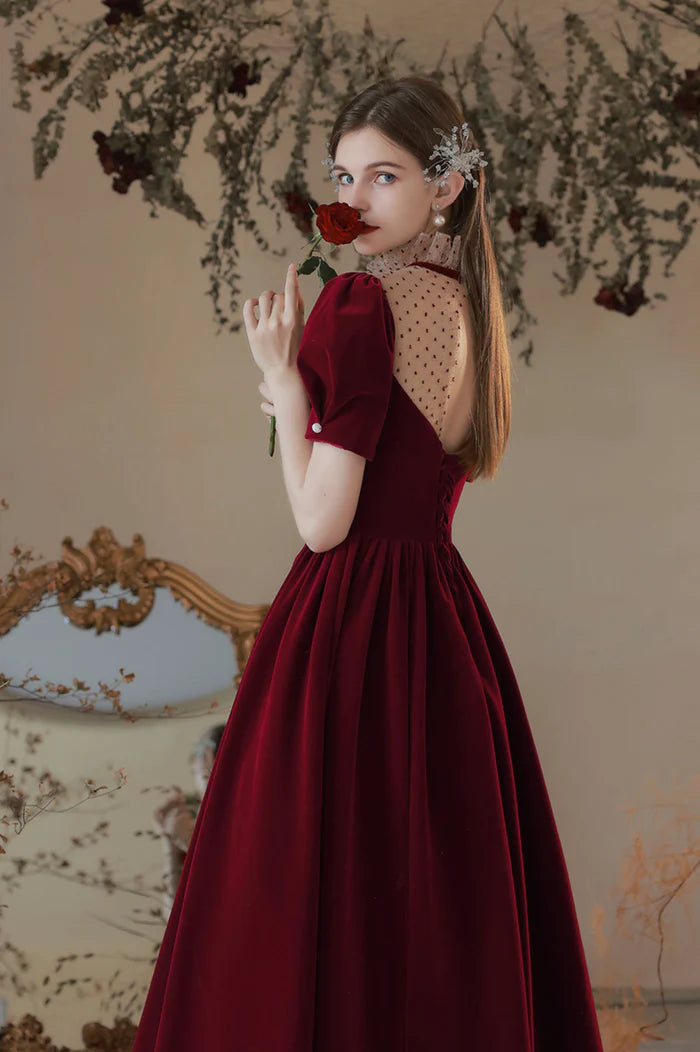 Burgundy Velvet Tea Length Prom Dress, Cute Short Sleeve Evening Party Dress