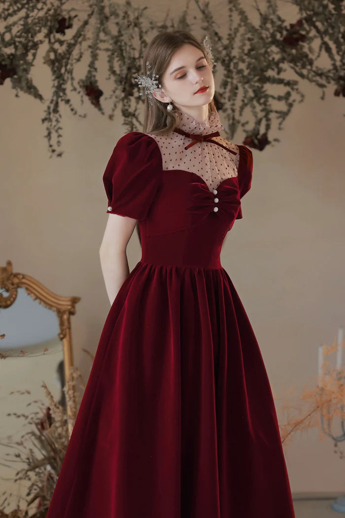 Burgundy Velvet Tea Length Prom Dress, Cute Short Sleeve Evening Party Dress