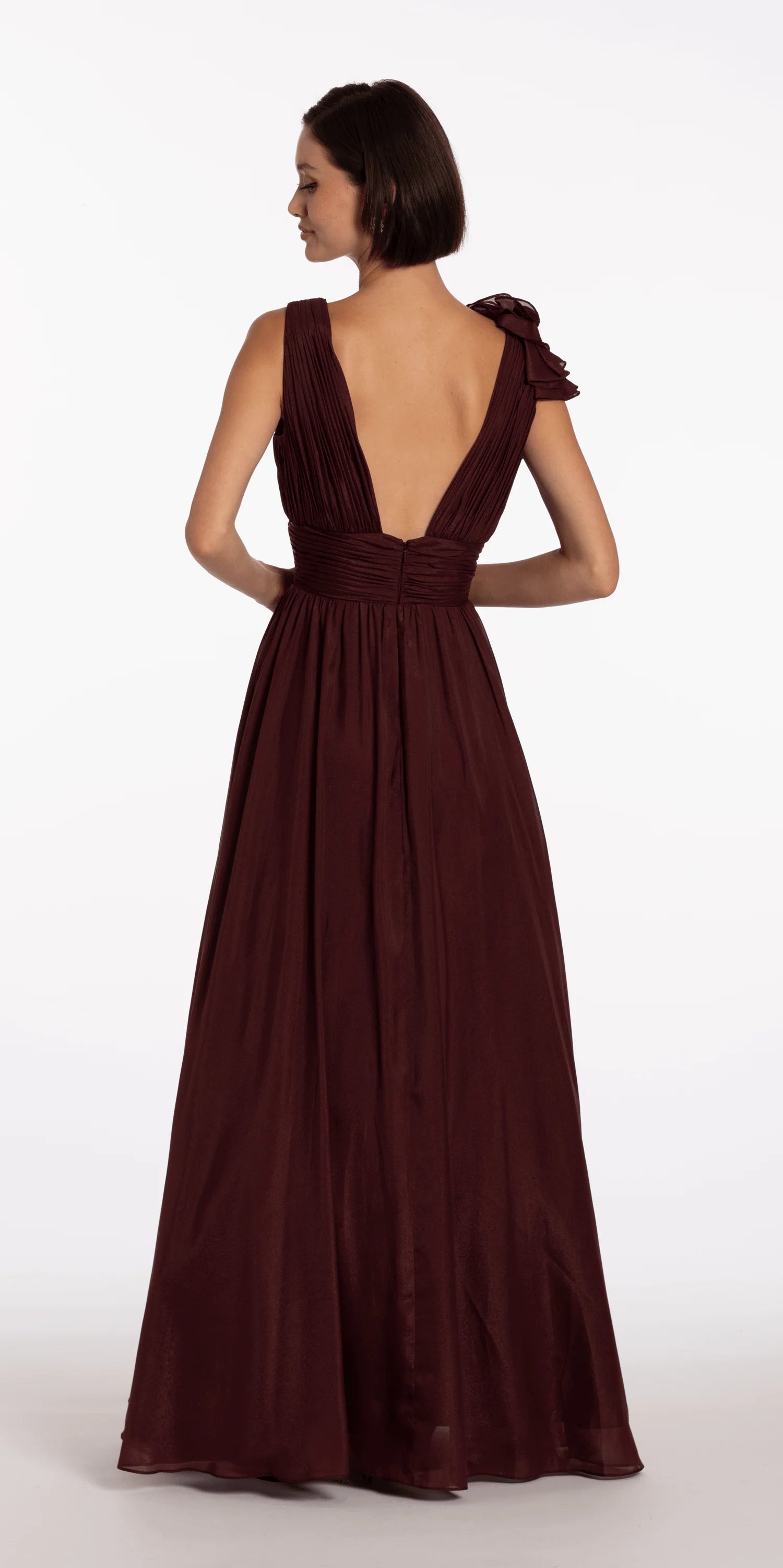 Burgundy chiffon evening dress with ruffled shoulder, deep V-neck, and floor-length A-line skirt