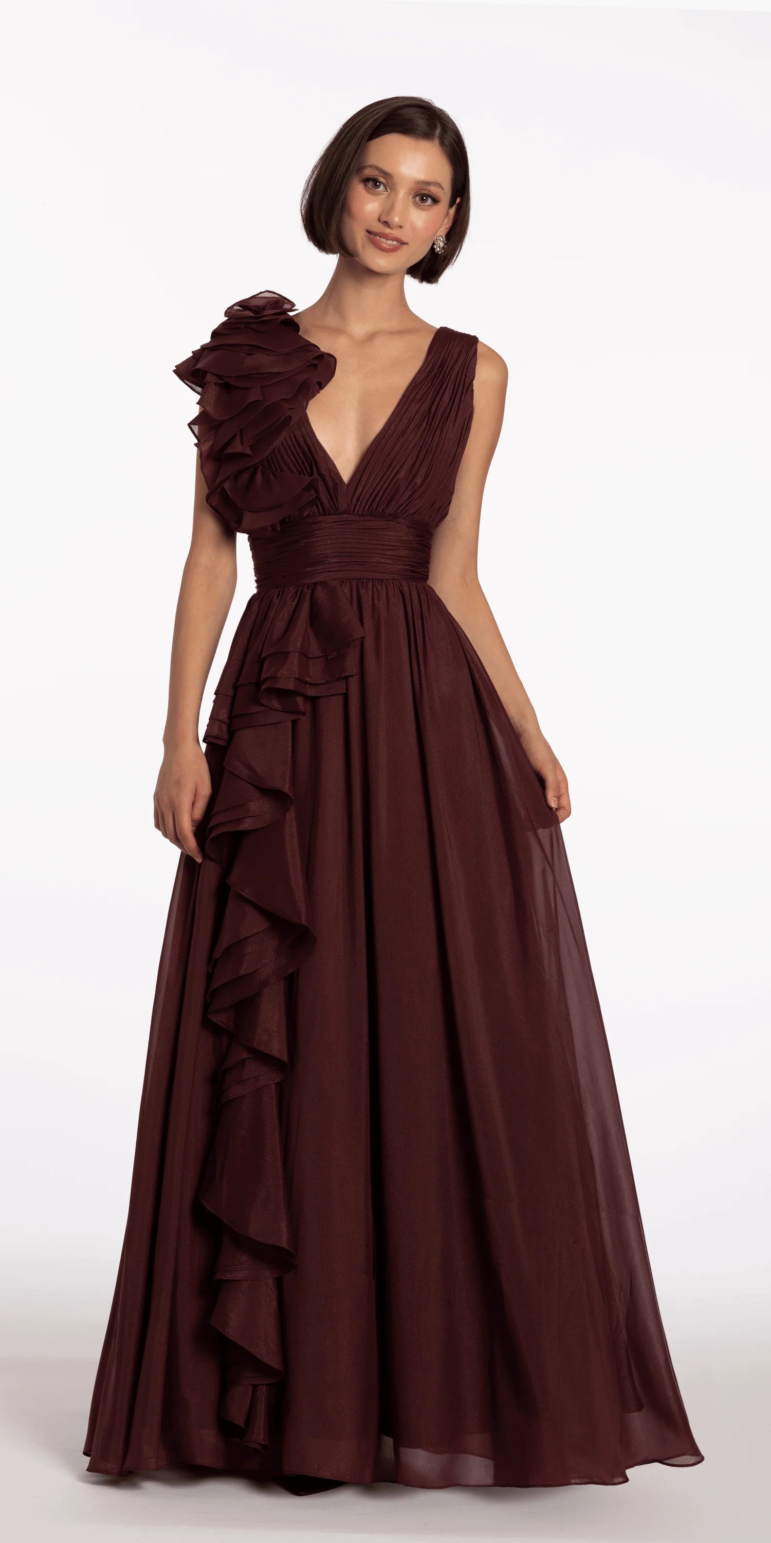 Burgundy chiffon evening dress with ruffled shoulder, deep V-neck, and floor-length A-line skirt