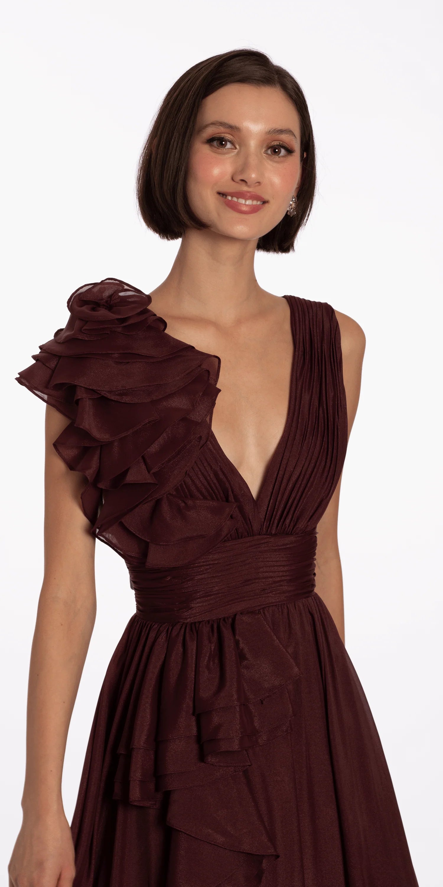 Burgundy chiffon evening dress with ruffled shoulder, deep V-neck, and floor-length A-line skirt