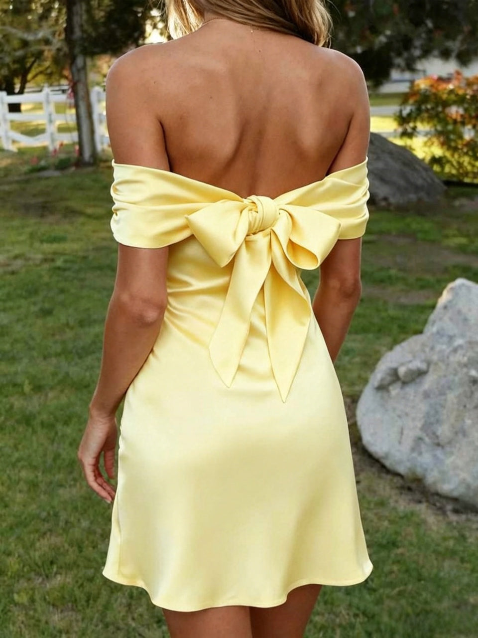 Butter yellow satin off shoulder back big bow mini formal homecoming dress