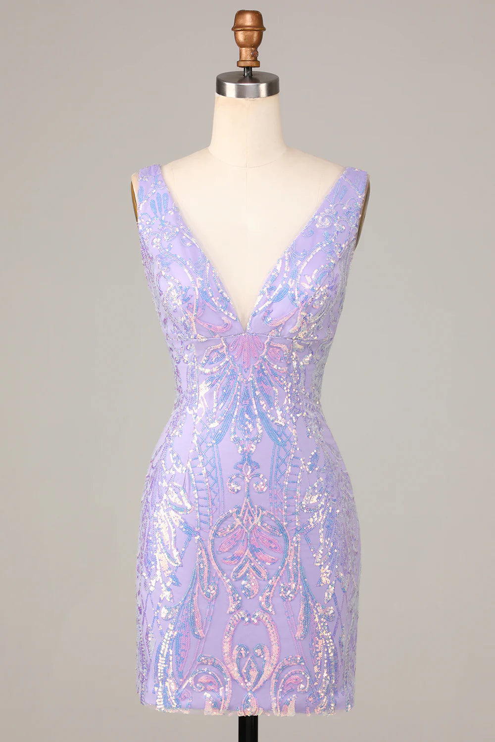 Sparkly Lilac Sequins Beaded V neck Bodycon Short Full Of Charm Homecoing Dress
