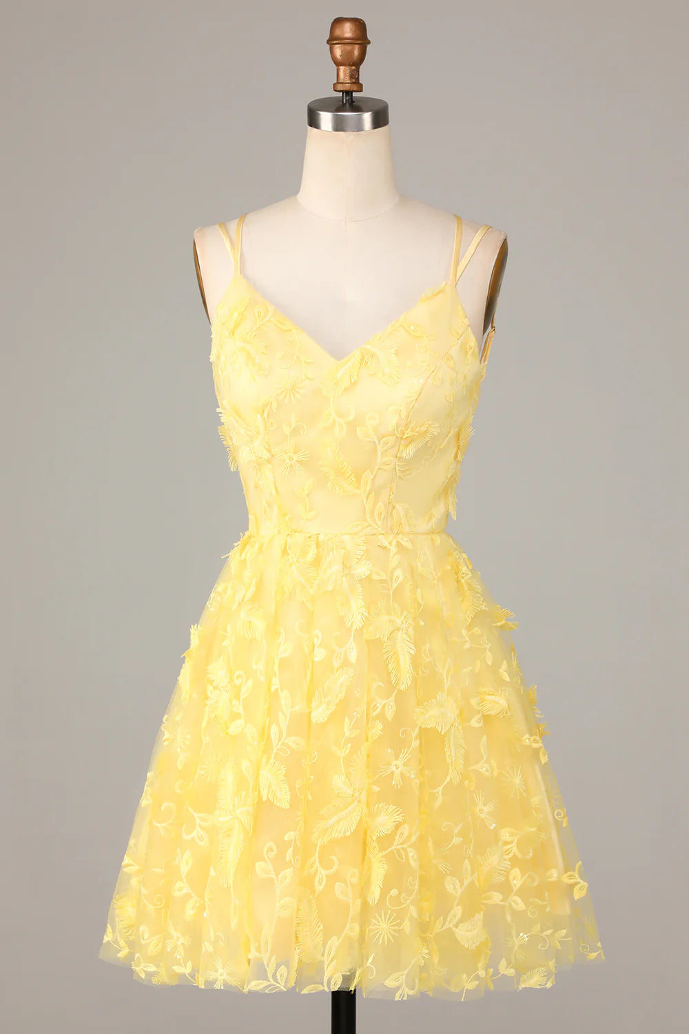 Yellow V Neck Tulle Backless Short  Full Of Charm Homecoing Dress