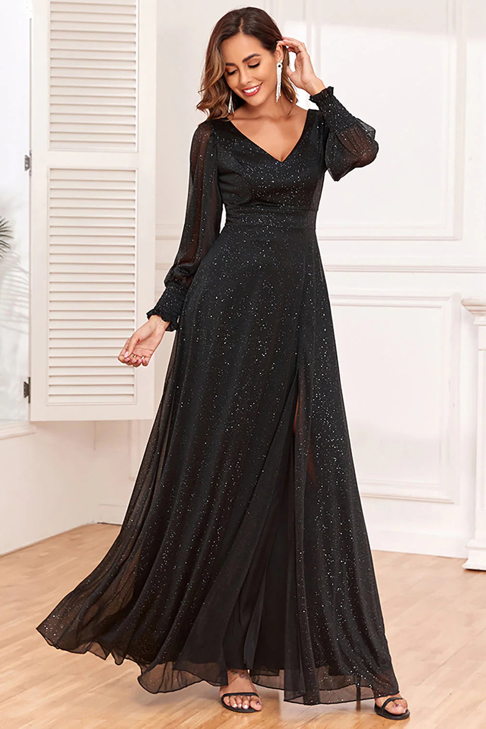 Glitter A-Line Long Sleeves Black Mother of the Bride Dresses