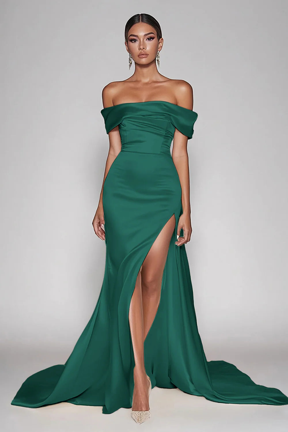 Cabernet Satin Off the Shoulder Long Sheath Prom Dress with Slit