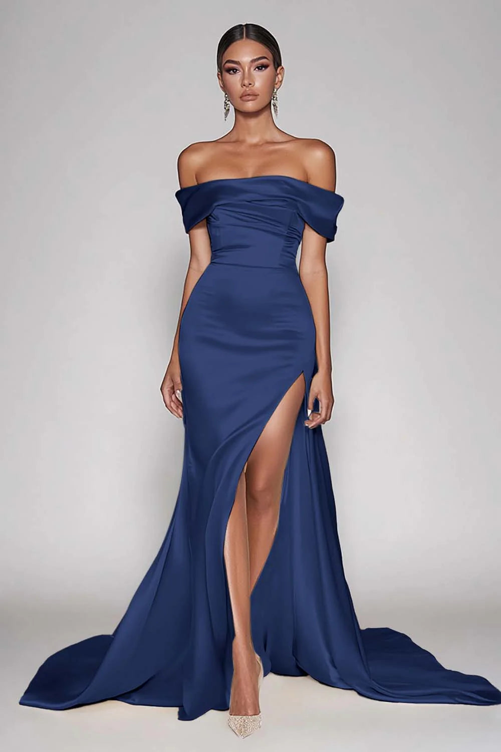 Cabernet Satin Off the Shoulder Long Sheath Prom Dress with Slit