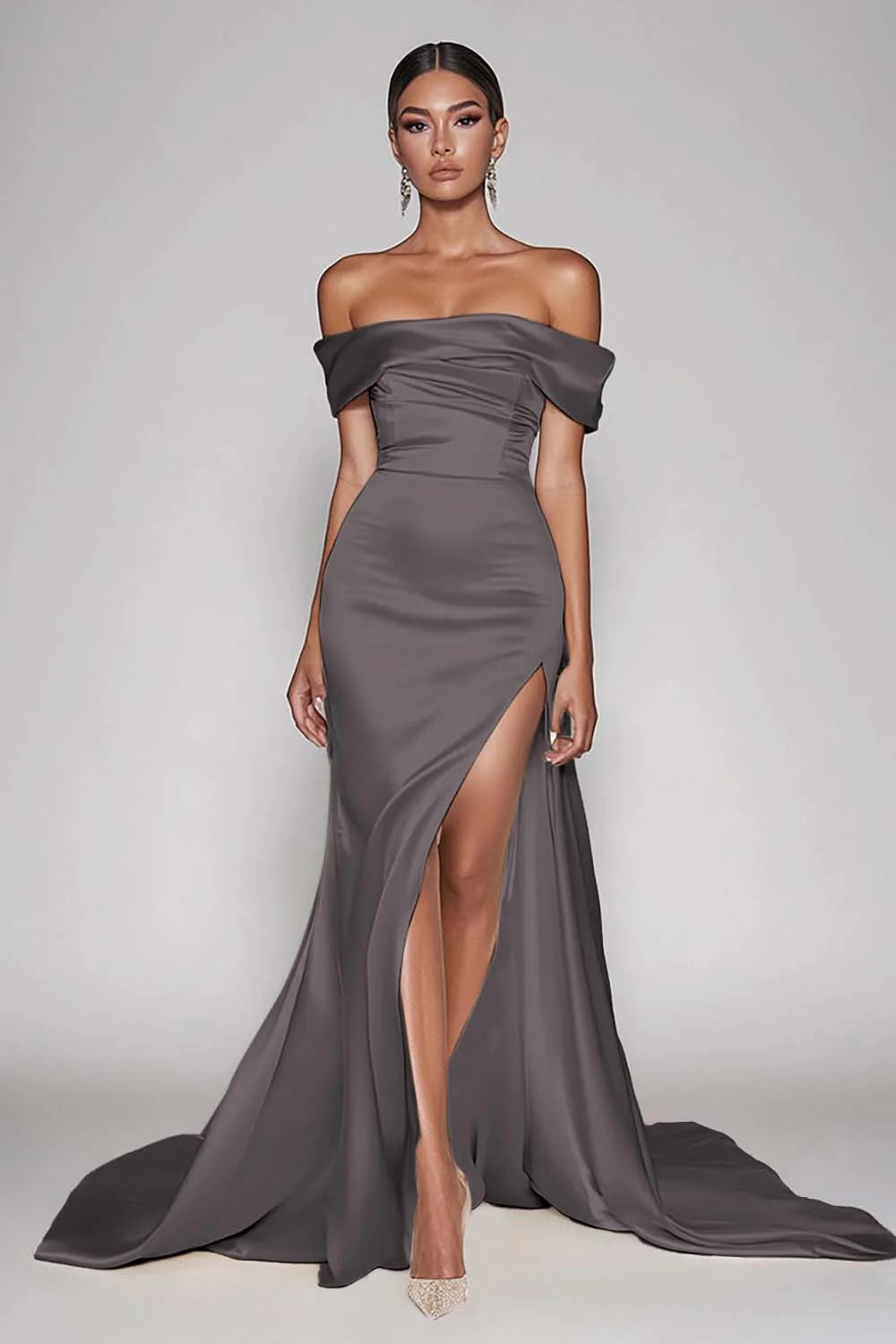 Cabernet Satin Off the Shoulder Long Sheath Prom Dress with Slit