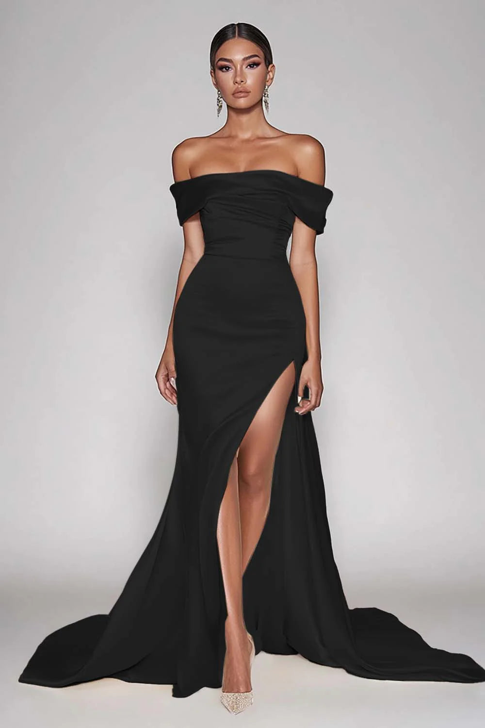Cabernet Satin Off the Shoulder Long Sheath Prom Dress with Slit