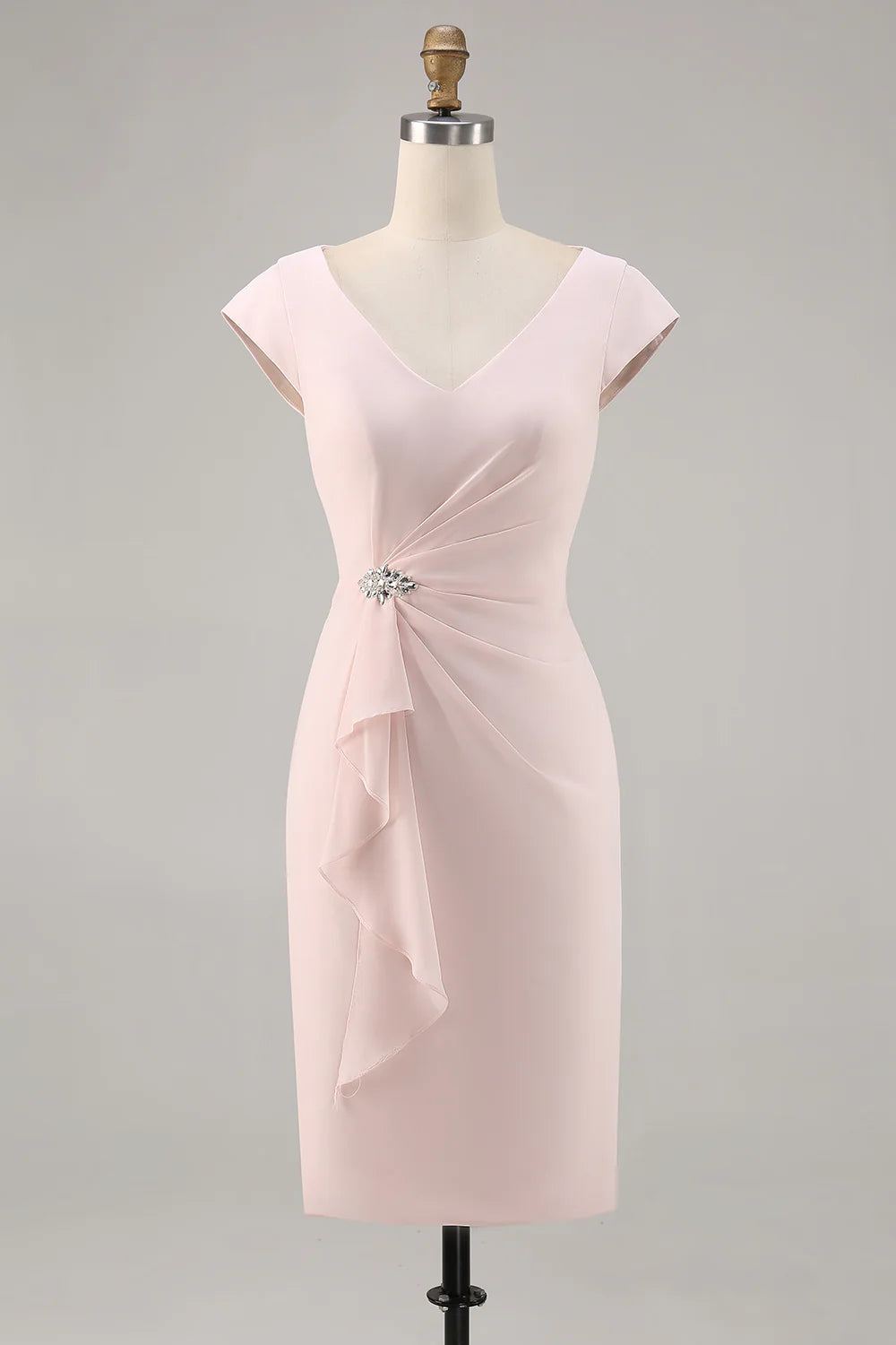 Candy Pink Bodycon V Neck Midi Mother of Bride Dress with Ruffles