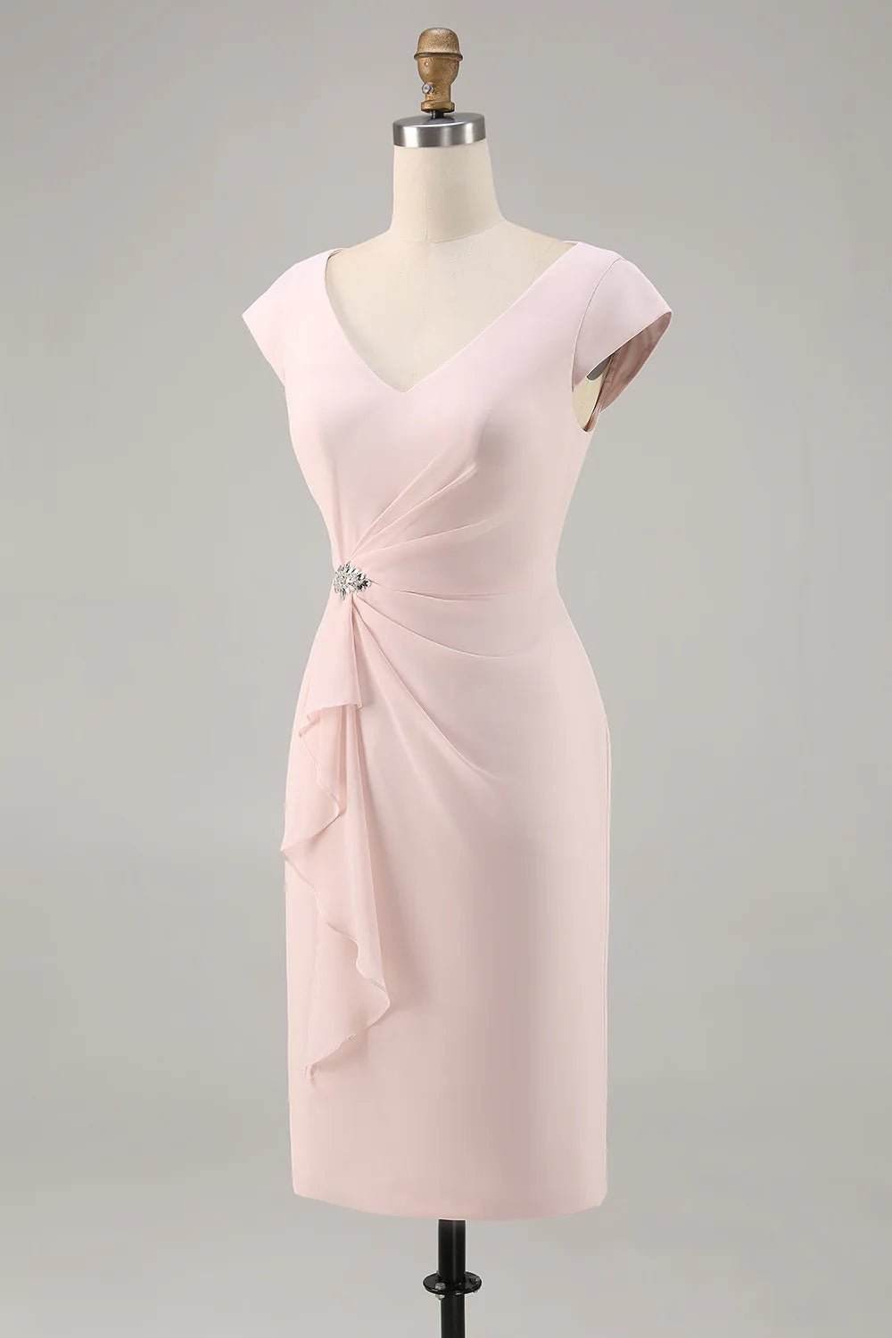 Candy Pink Bodycon V Neck Midi Mother of Bride Dress with Ruffles