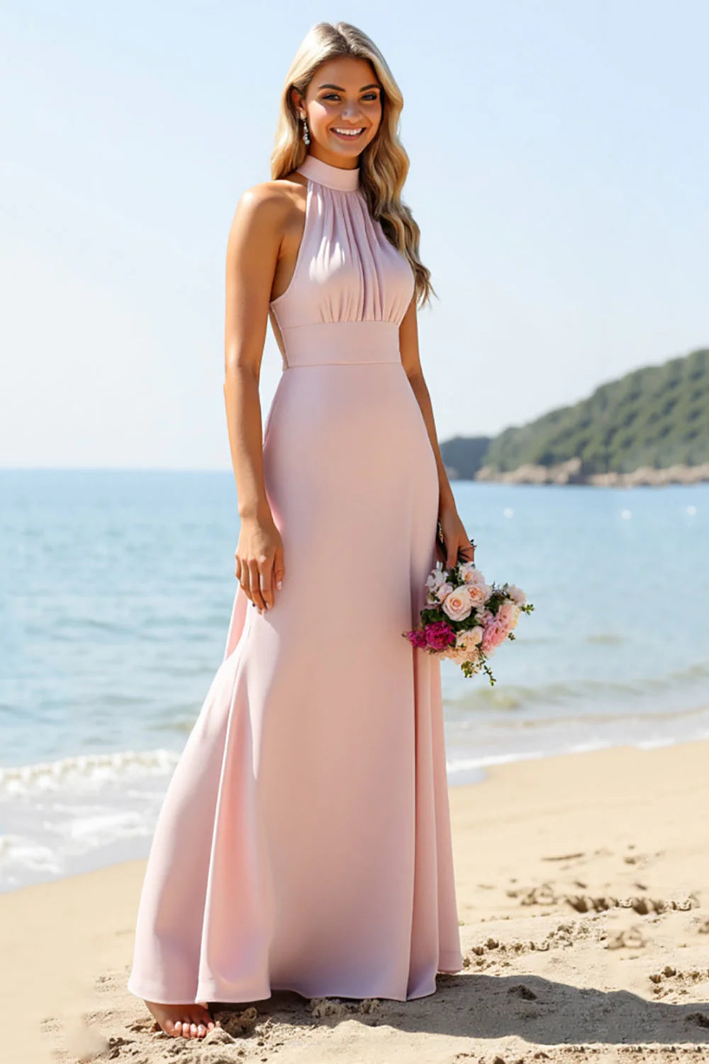 Candy Pink Satin Halter Long Bridesmaid Dress