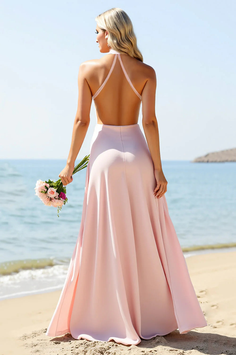 Candy Pink Satin Halter Long Bridesmaid Dress