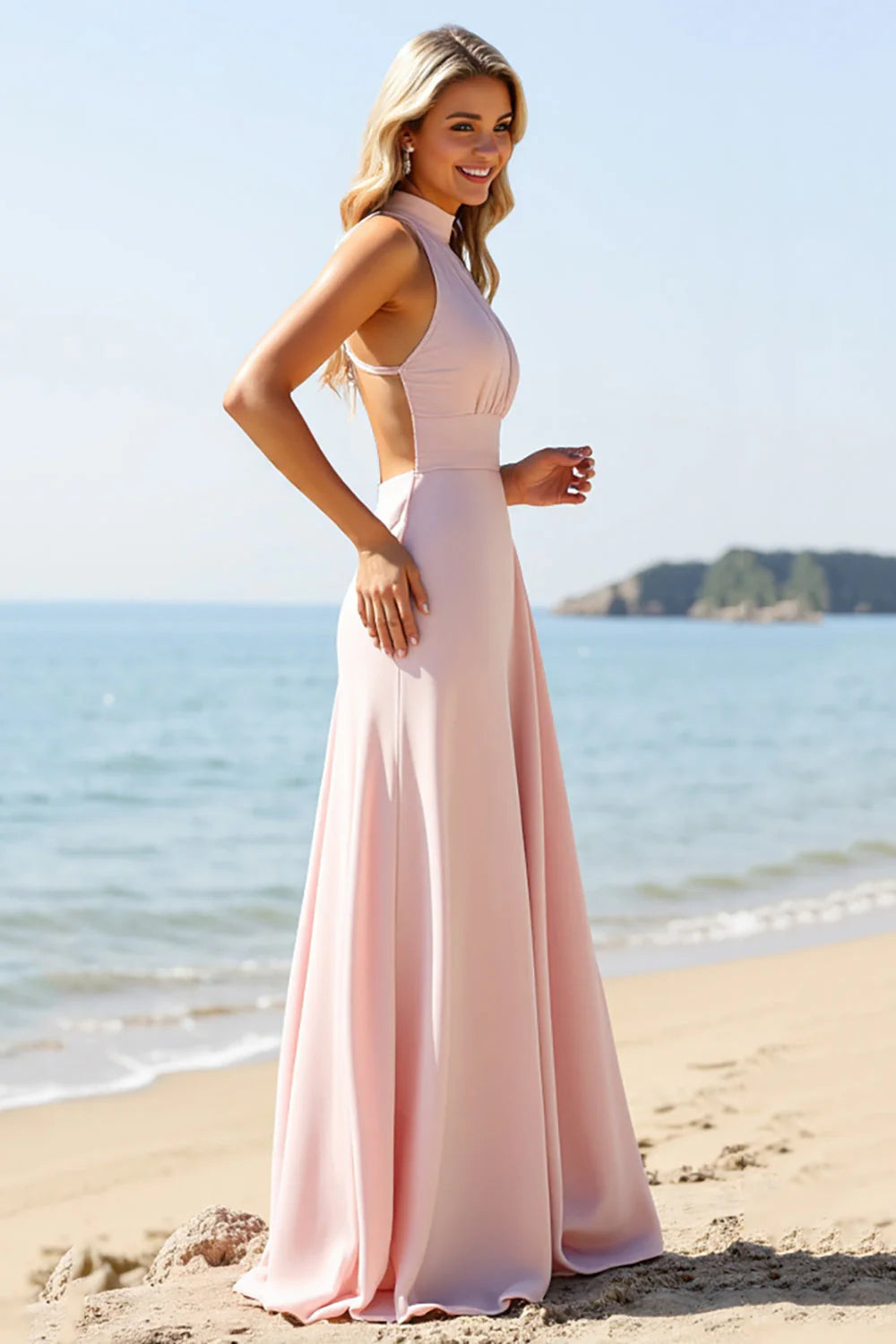 Candy Pink Satin Halter Long Bridesmaid Dress