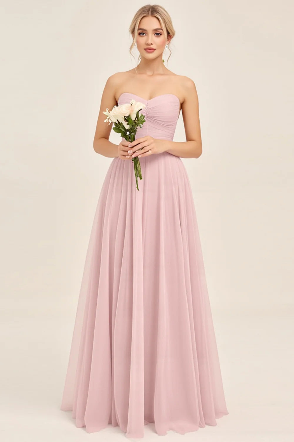 Candy Pink Tulle A Line Strapless Ruched Bridesmaid Dress