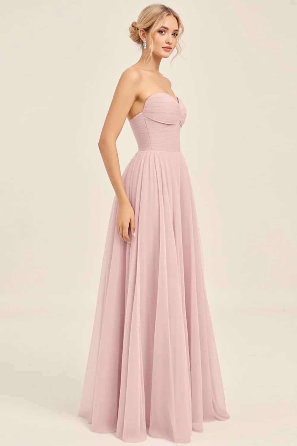 Candy Pink Tulle A Line Strapless Ruched Bridesmaid Dress