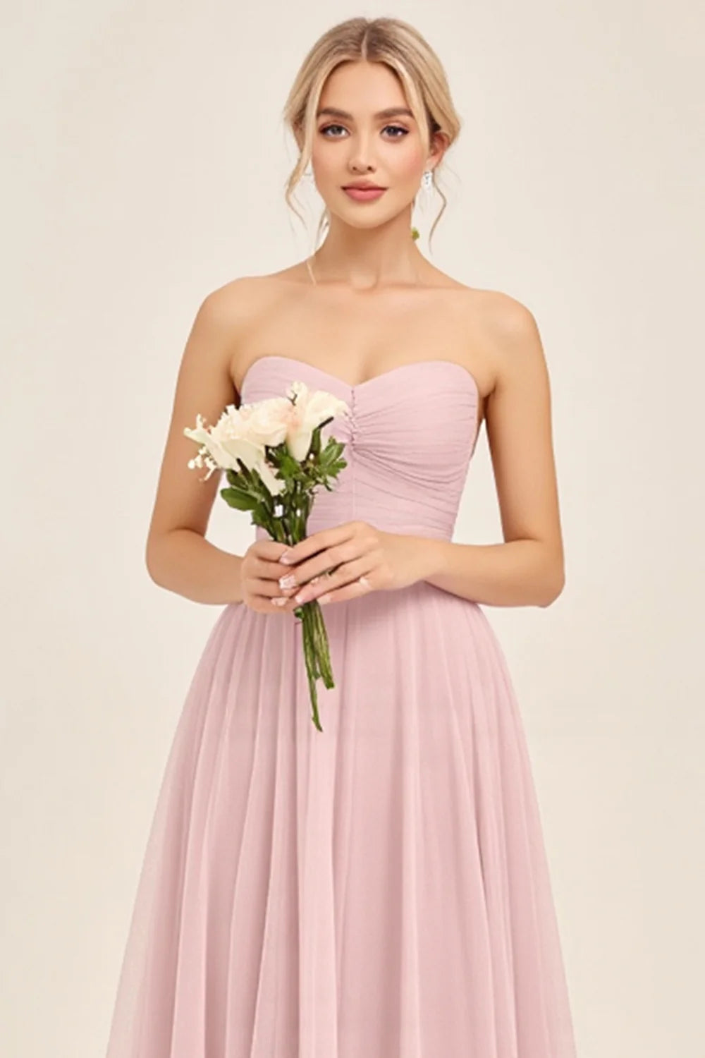 Candy Pink Tulle A Line Strapless Ruched Bridesmaid Dress