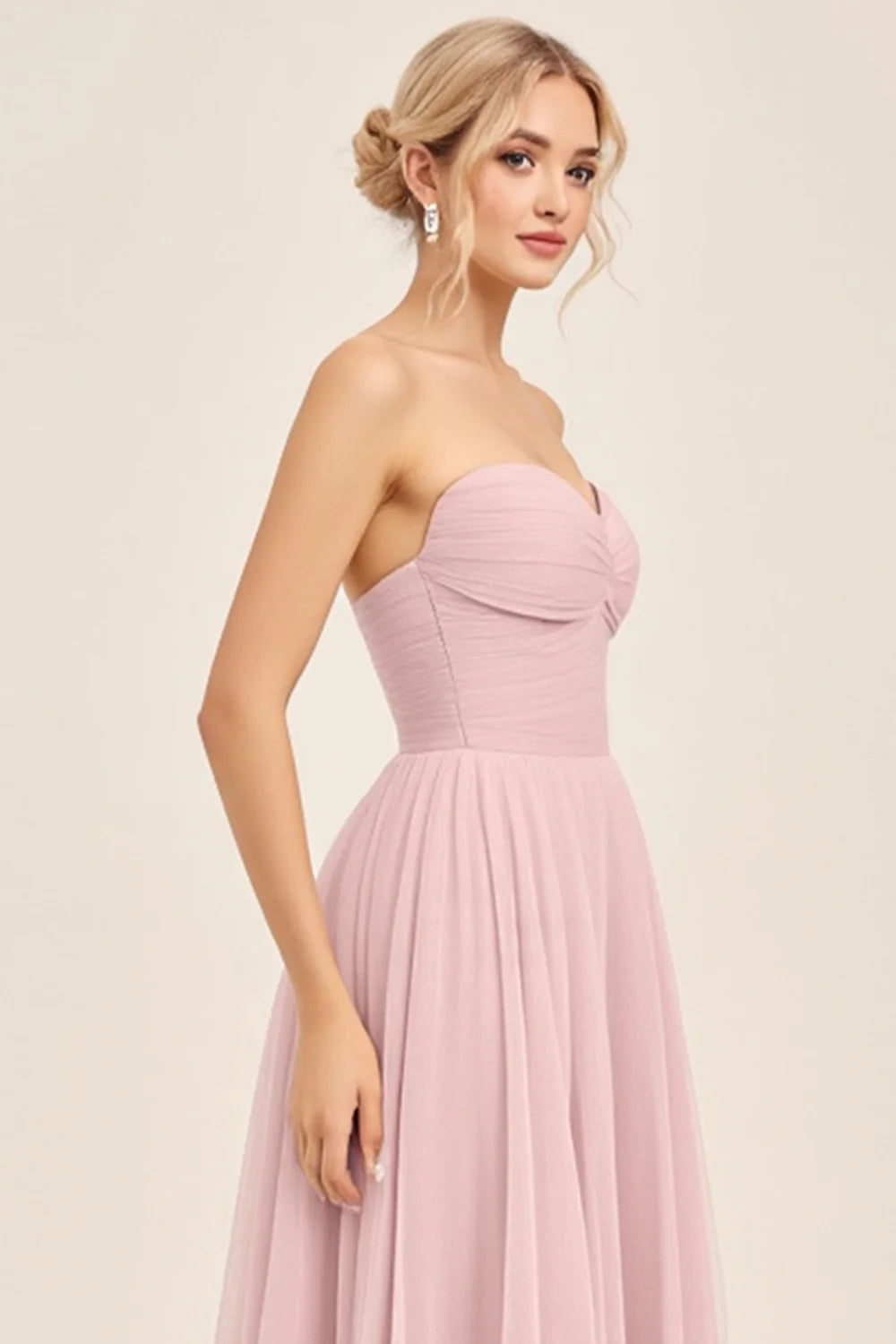 Candy Pink Tulle A Line Strapless Ruched Bridesmaid Dress