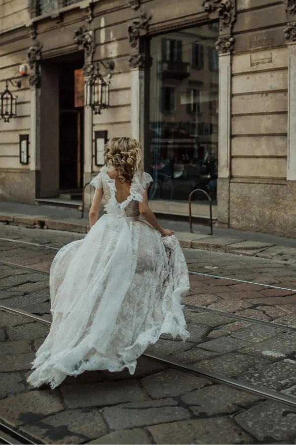 Cap Sleeves Ivory Lace Boho Wedding Dress Beach Wedding Dress