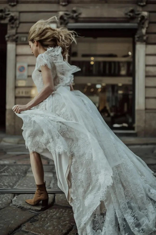 Cap Sleeves Ivory Lace Boho Wedding Dress Beach Wedding Dress