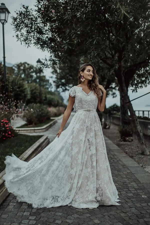Cap Sleeves Ivory Lace Boho Wedding Dress Beach Wedding Dress