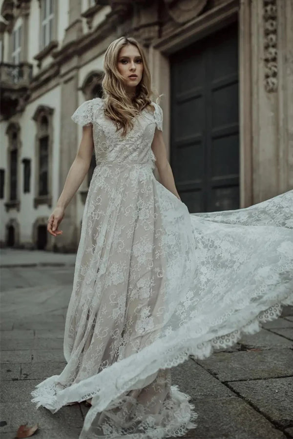 Cap Sleeves Ivory Lace Boho Wedding Dress Beach Wedding Dress