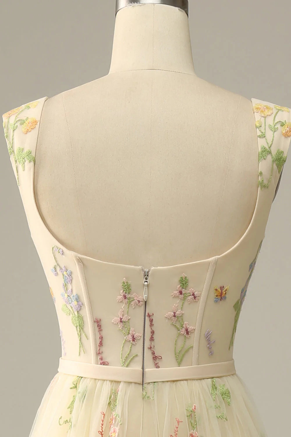 Champagne A-Line Square Neck Embroidered Prom Dress