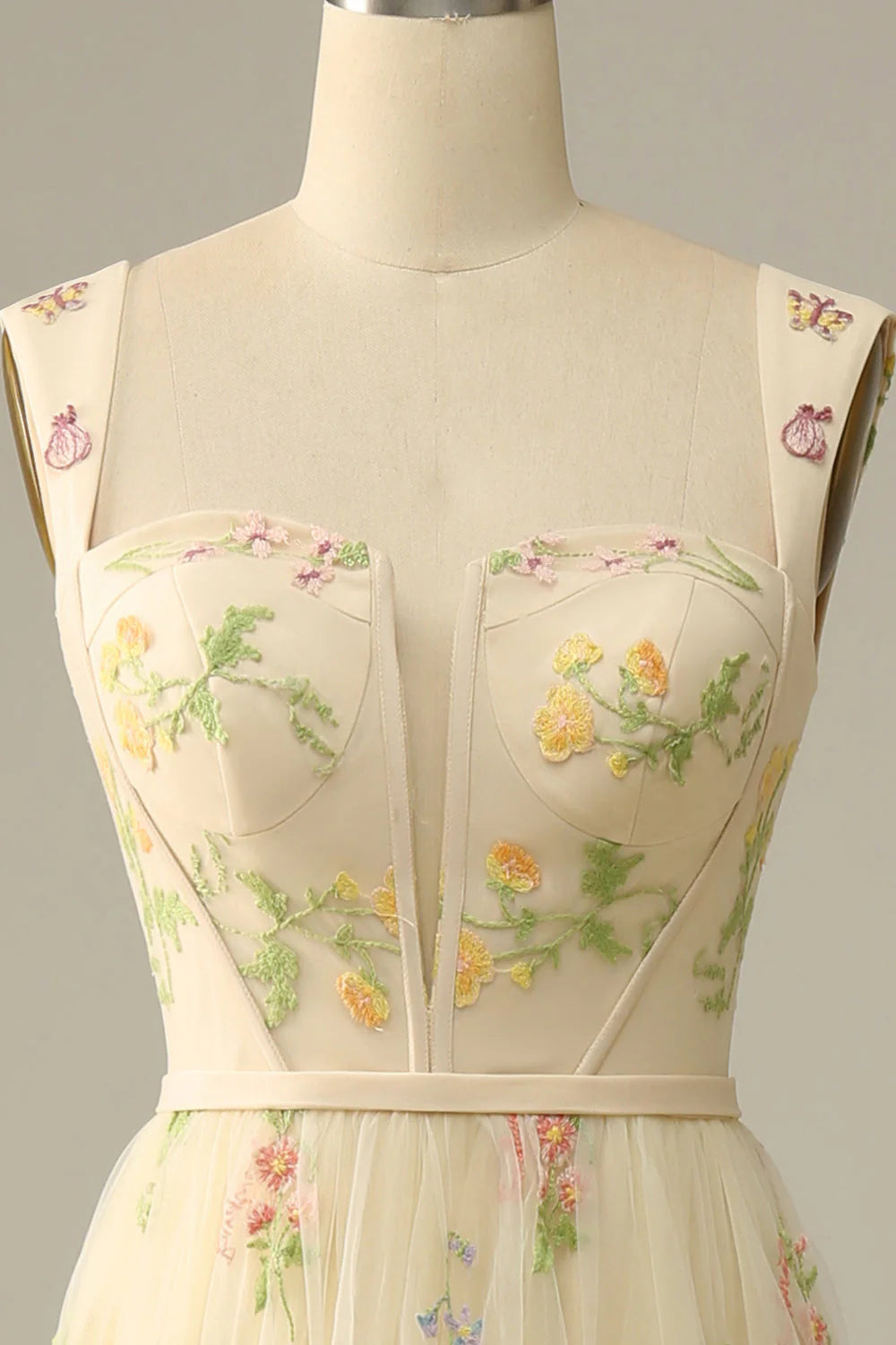 Champagne A-Line Square Neck Embroidered Prom Dress